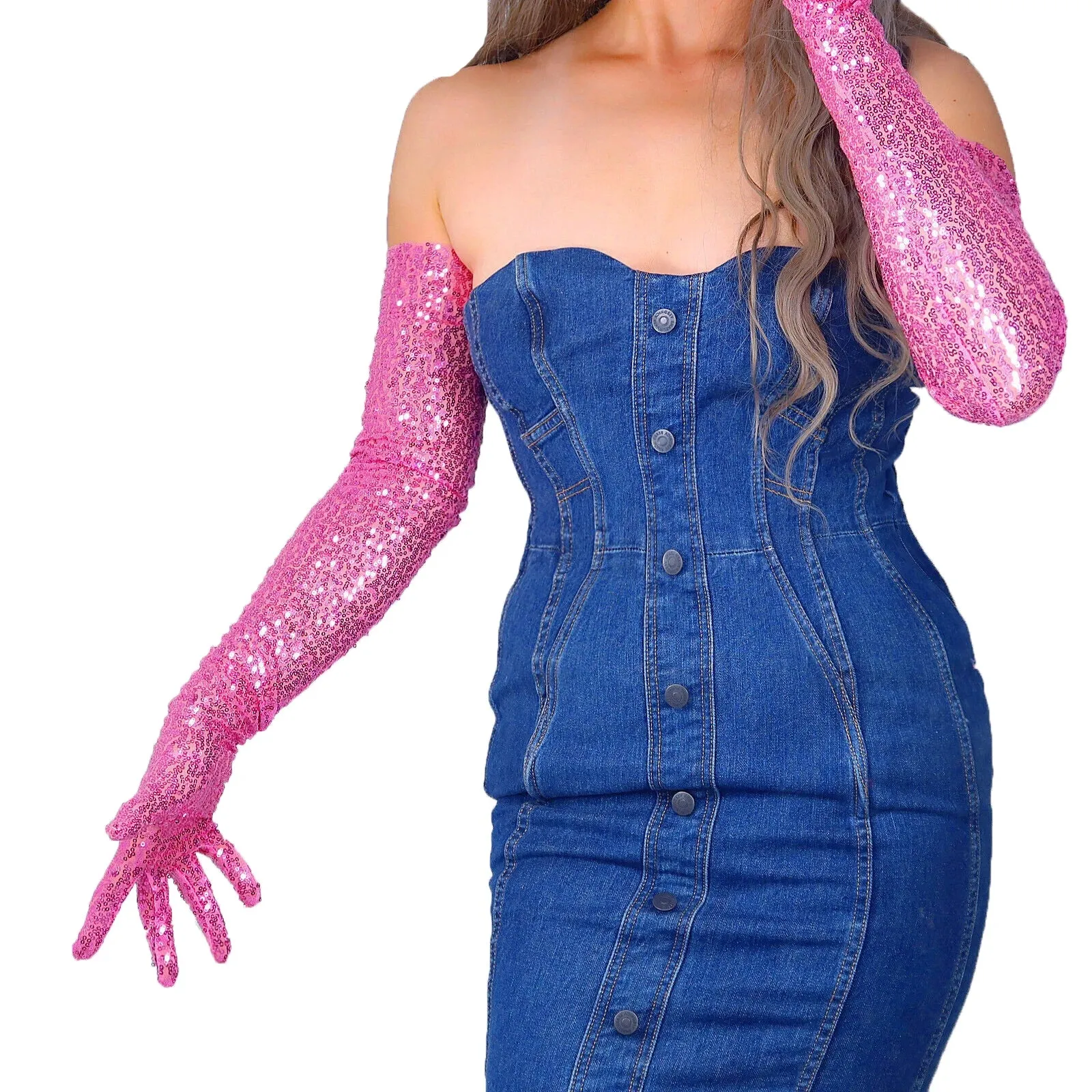 DooWay Women's Sparkly Sequin Opera Gloves Rose Pink Vintage Glitter Mesh Sheer Lace Evening Party Nightclub Photography Glove