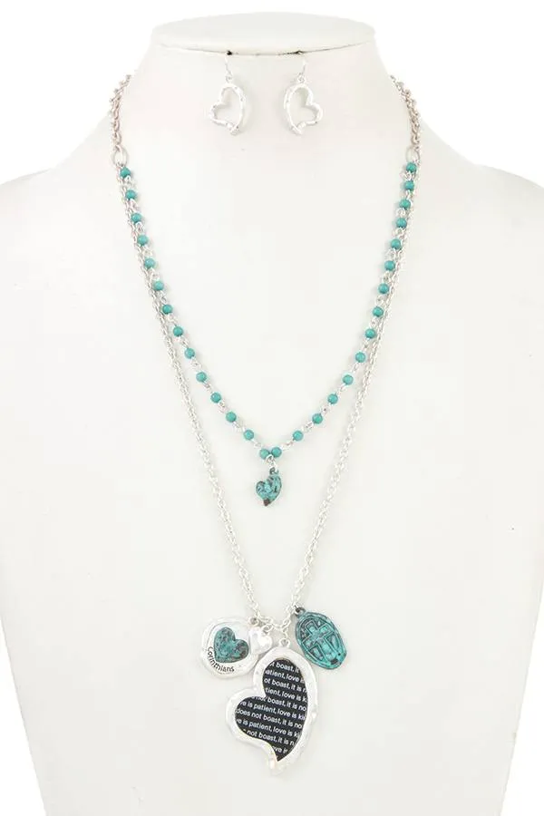 Double layered heart pendant charm necklace set
