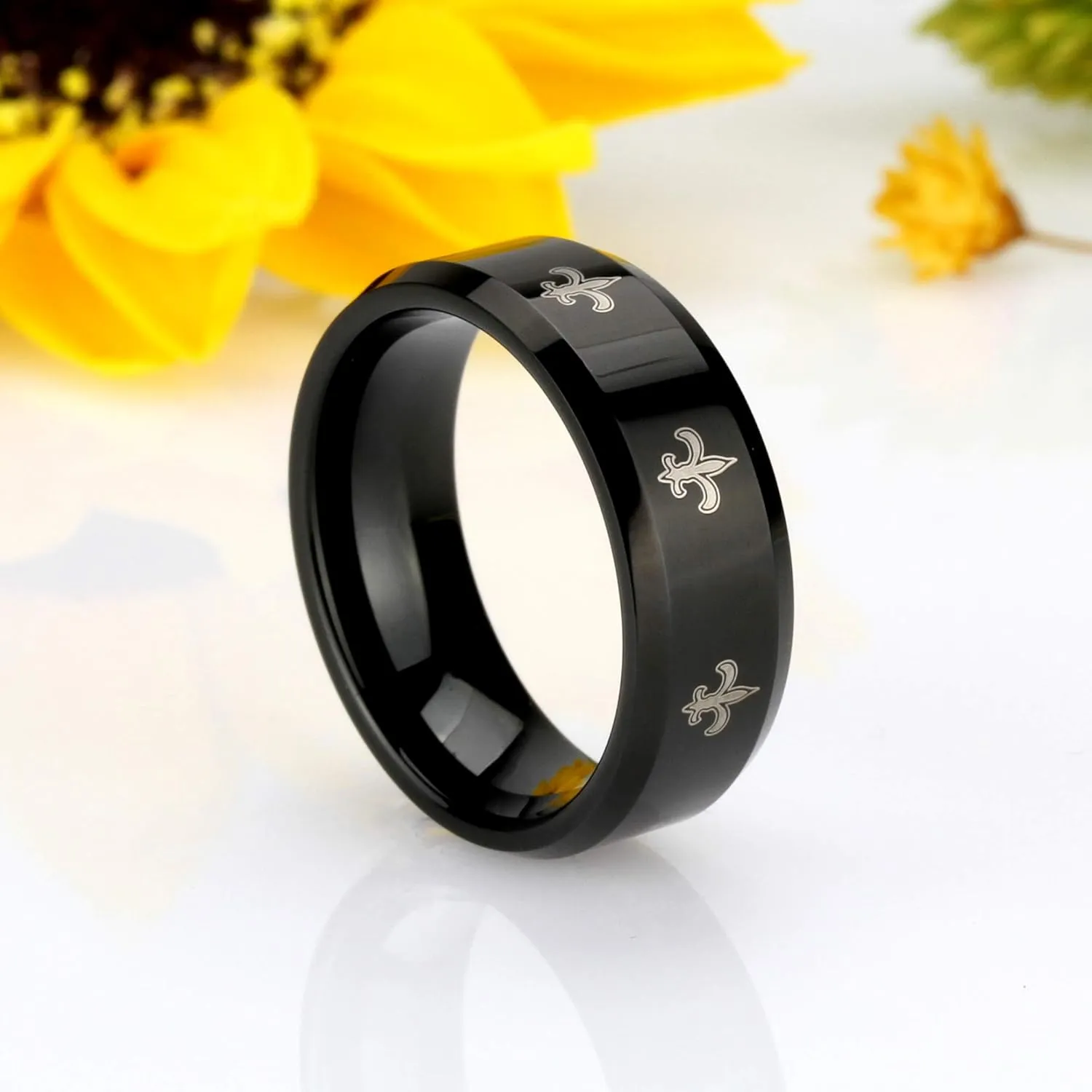 DoubleAccent 8MM Comfort Fit Tungsten Carbide Wedding Band Fleur De Lis Patterned Black Ring (7 to 14)