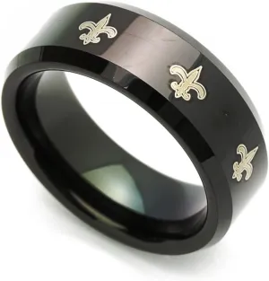 DoubleAccent 8MM Comfort Fit Tungsten Carbide Wedding Band Fleur De Lis Patterned Black Ring (7 to 14)