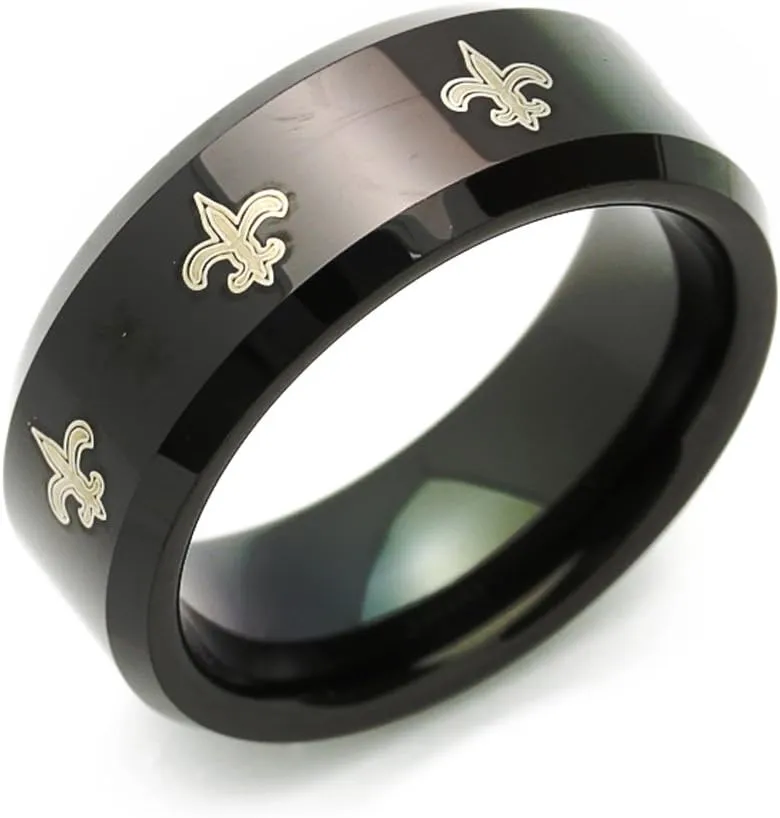 DoubleAccent 8MM Comfort Fit Tungsten Carbide Wedding Band Fleur De Lis Patterned Black Ring (7 to 14)