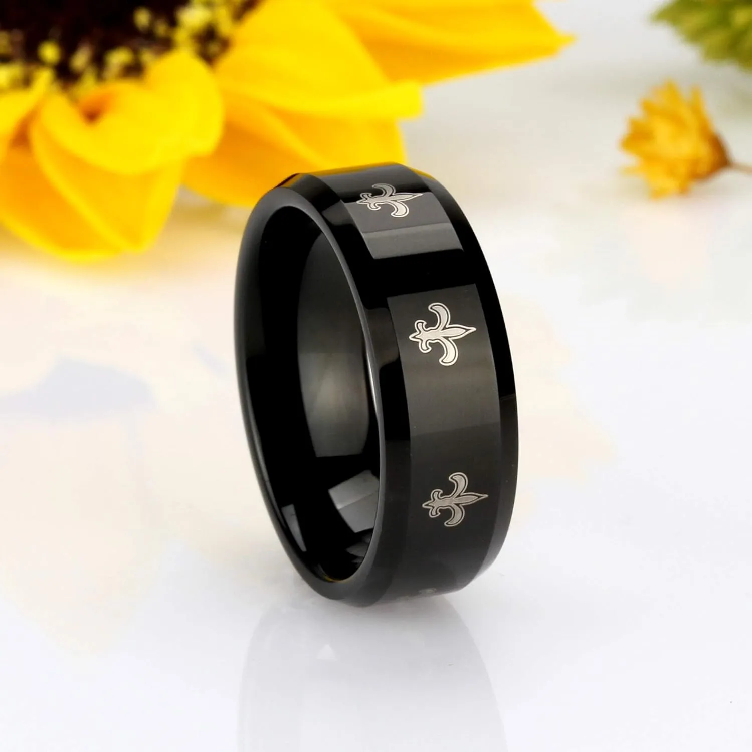 DoubleAccent 8MM Comfort Fit Tungsten Carbide Wedding Band Fleur De Lis Patterned Black Ring (7 to 14)