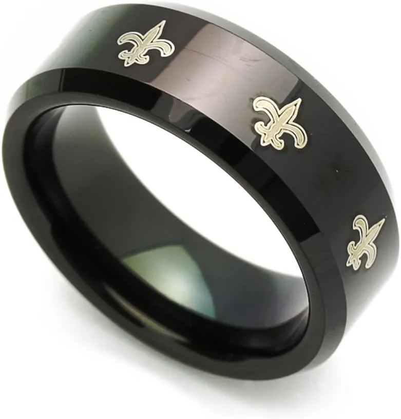 DoubleAccent 8MM Comfort Fit Tungsten Carbide Wedding Band Fleur De Lis Patterned Black Ring (7 to 14)