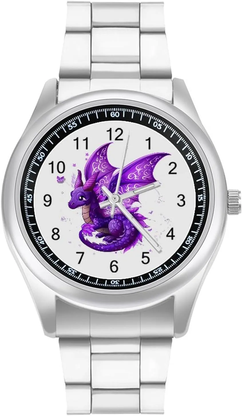 Dragon Magical Purple Watches Stainless Steel Band Wristwatch Business Dress Watch for Work Home