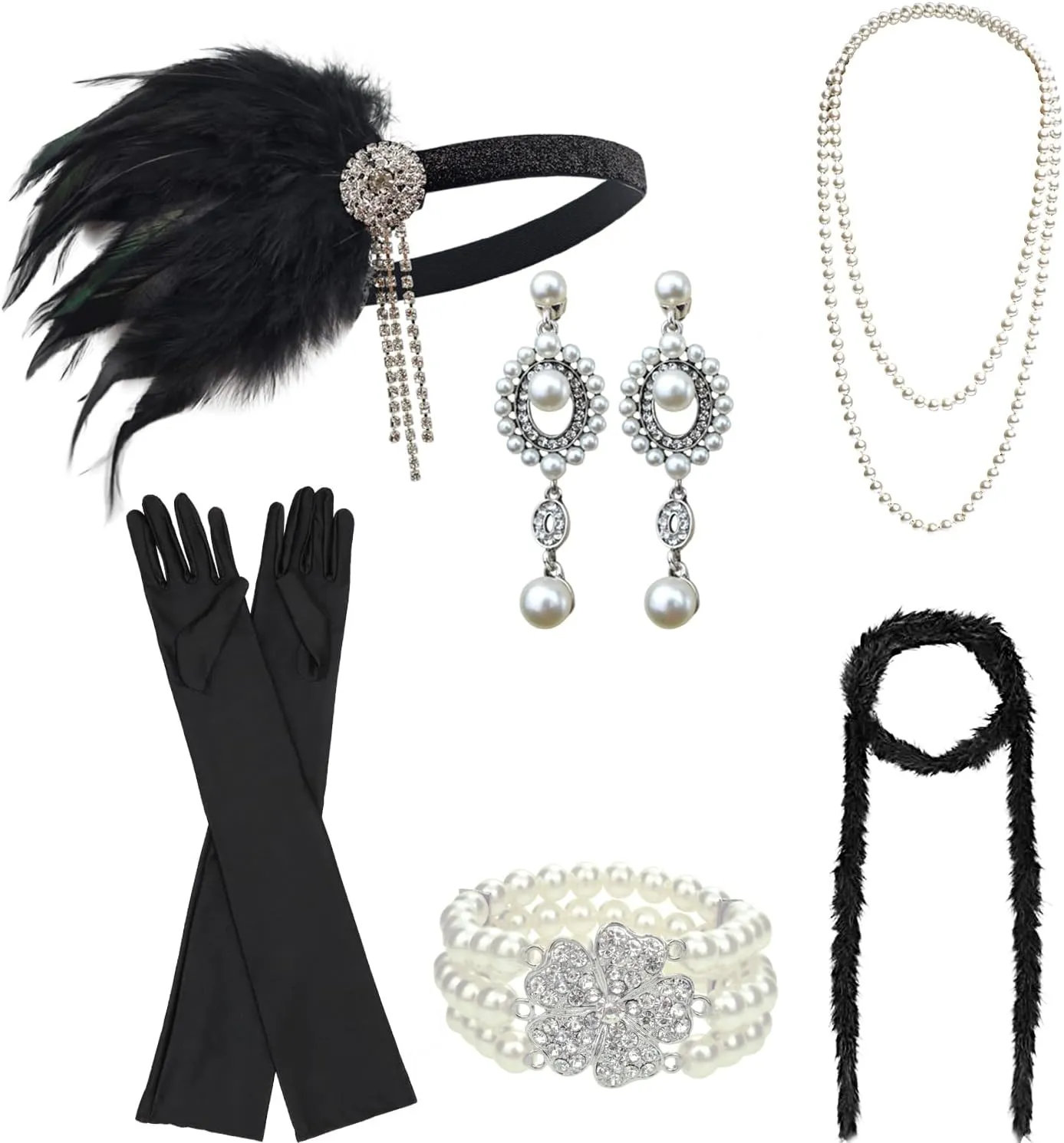 DRESHOW 1920s Great Gatsby Accessories for Women Flapper Headpiece Headband Gloves Costume Harlem Nights Accessories Set