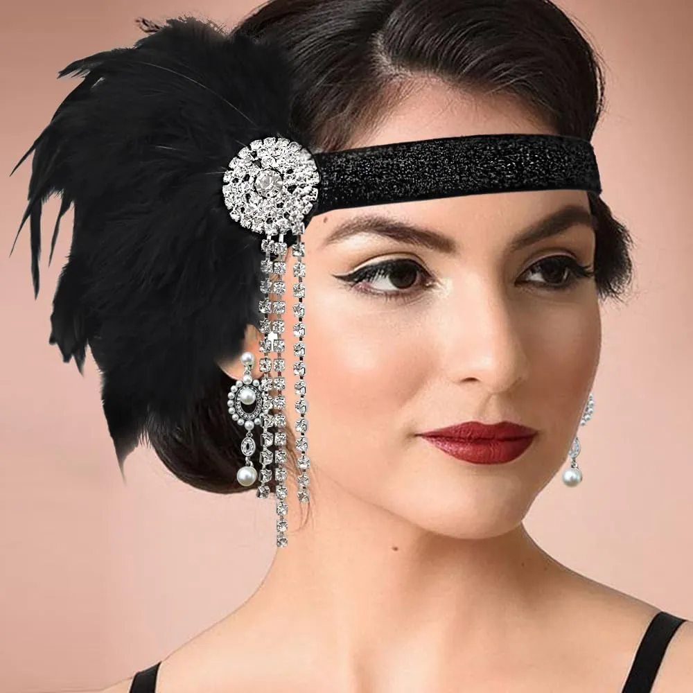 DRESHOW 1920s Great Gatsby Accessories for Women Flapper Headpiece Headband Gloves Costume Harlem Nights Accessories Set