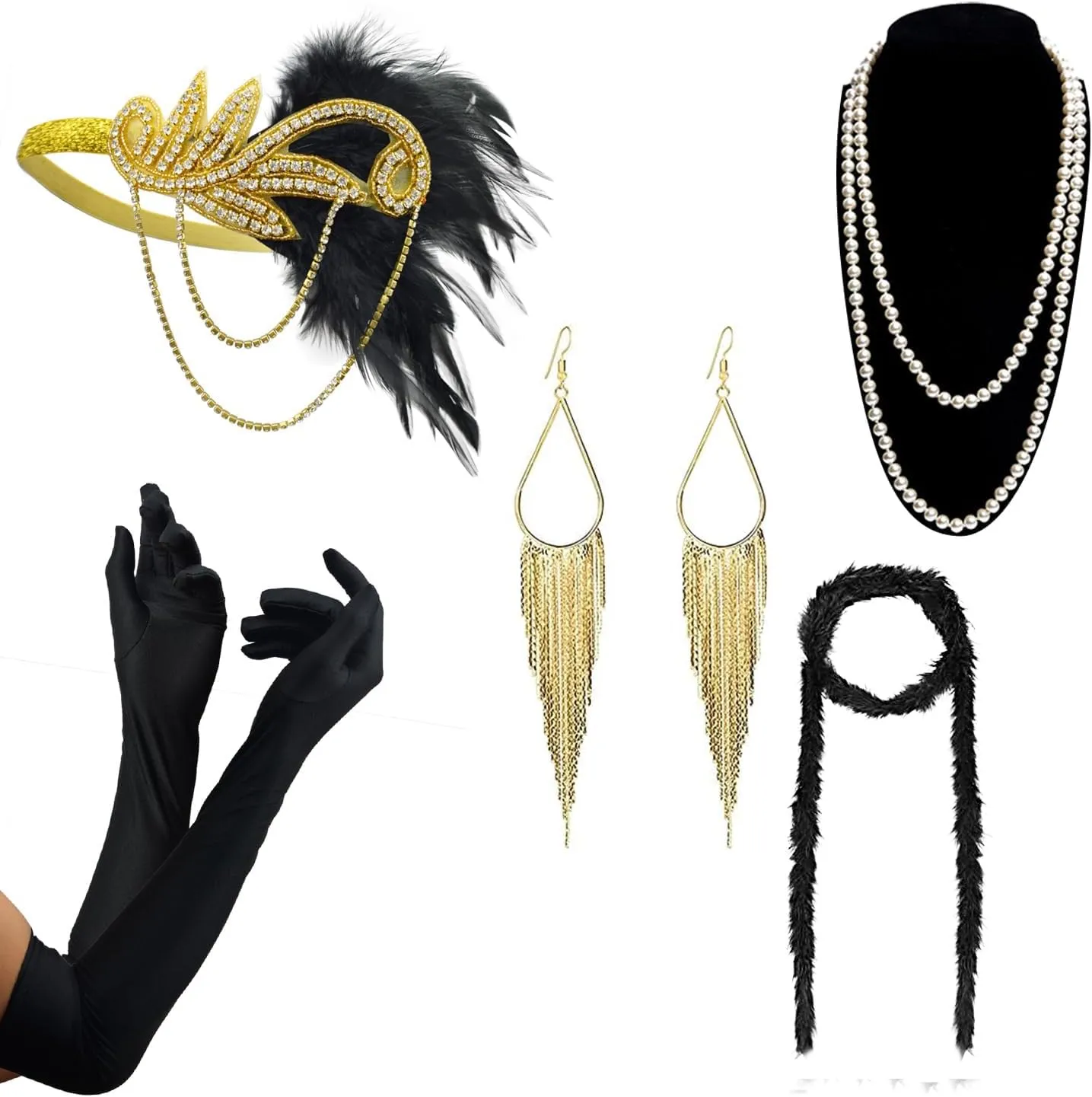 DRESHOW 1920s Great Gatsby Accessories for Women Flapper Headpiece Headband Gloves Costume Harlem Nights Accessories Set