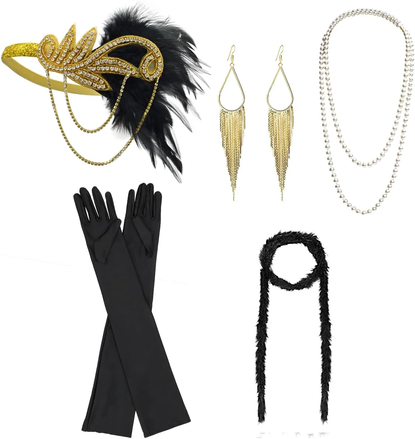 DRESHOW 1920s Great Gatsby Accessories for Women Flapper Headpiece Headband Gloves Costume Harlem Nights Accessories Set
