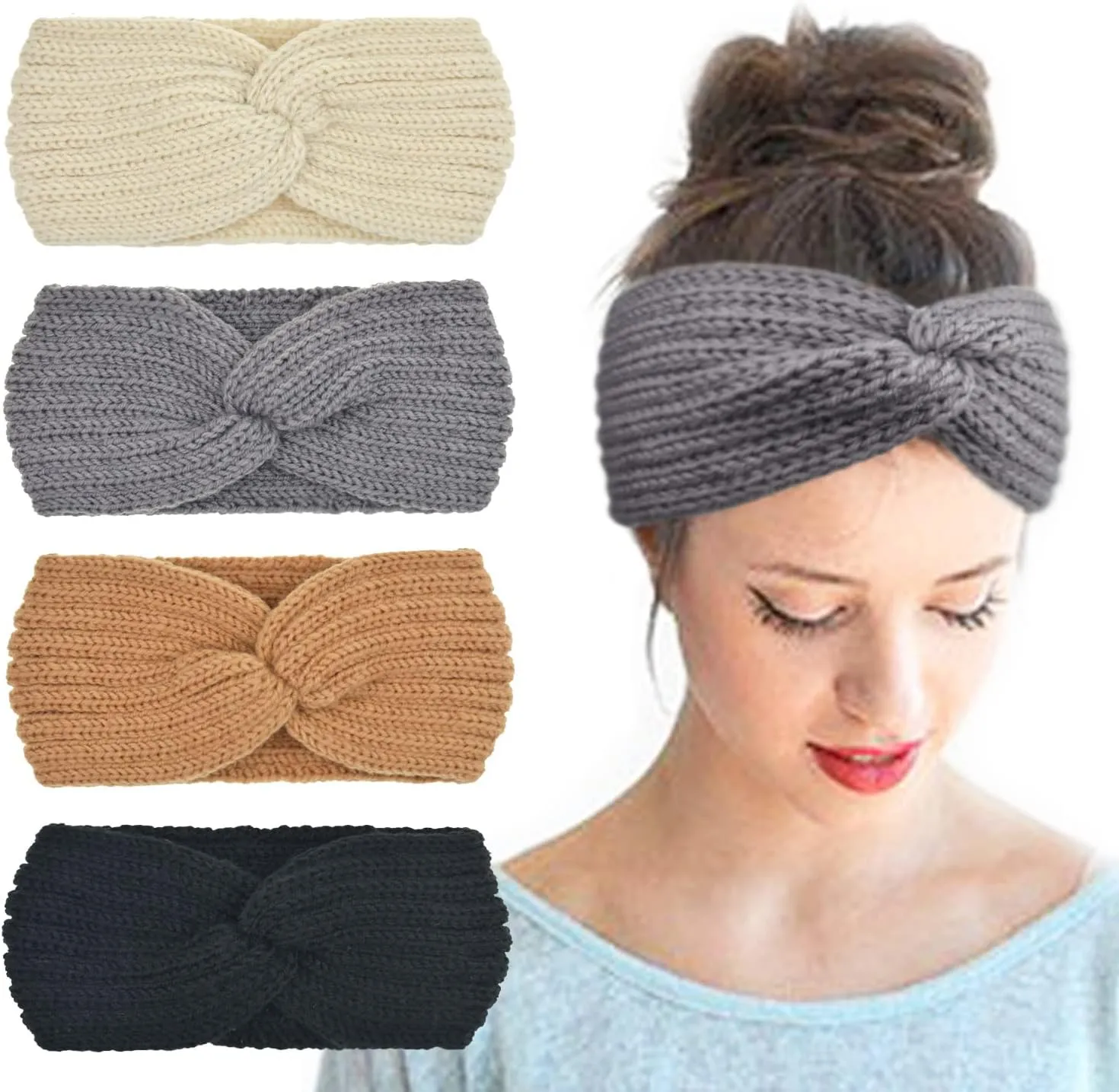 DRESHOW Winter Knit Chunky Headbands for Women Crochet Turban Knitted Ear Warmer Head Wrap Winter Accessories 4 Pack