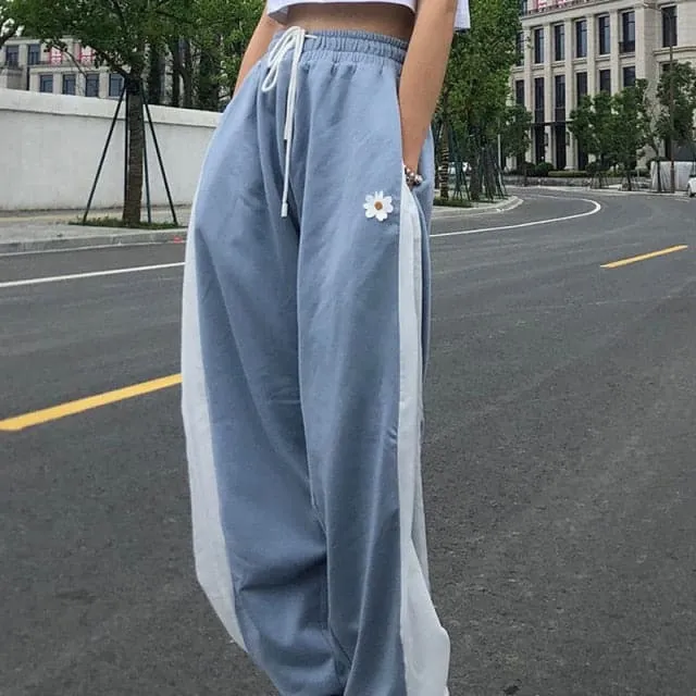 DressBetty - White Blue Contrast Loose Jogging Pants Women High Waist Drawstring Trousers Casual Pants Female Korean Streetwear Pants