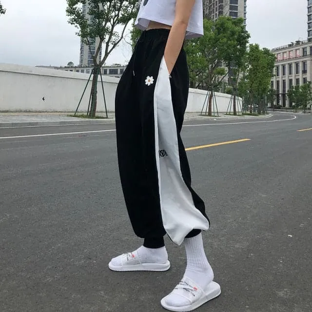 DressBetty - White Blue Contrast Loose Jogging Pants Women High Waist Drawstring Trousers Casual Pants Female Korean Streetwear Pants
