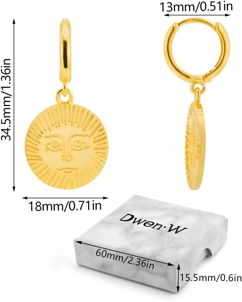 Dwen W 14K Bohemian Exquisite Gold-Plated Earrings Face Sun Moon Star Designs Circular Polygon Shapes Hypoallergenic Perfect for Valentine's Day Christmas Mother's Day