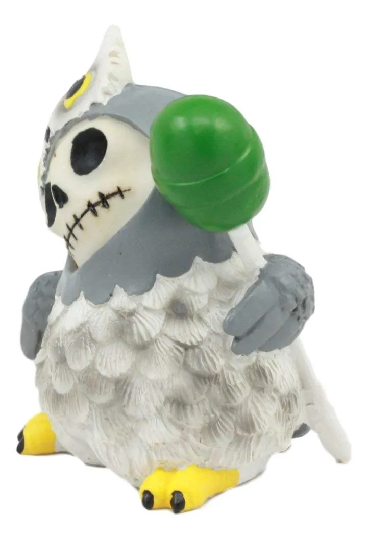 Ebros Furry Bones Hootie The Snow Owl Skeleton Figurine 3" H Furrybones Wise Owl With Green Lollipop Costume Hooded Skull Monster Collectible Sculpture Decorative Toy
