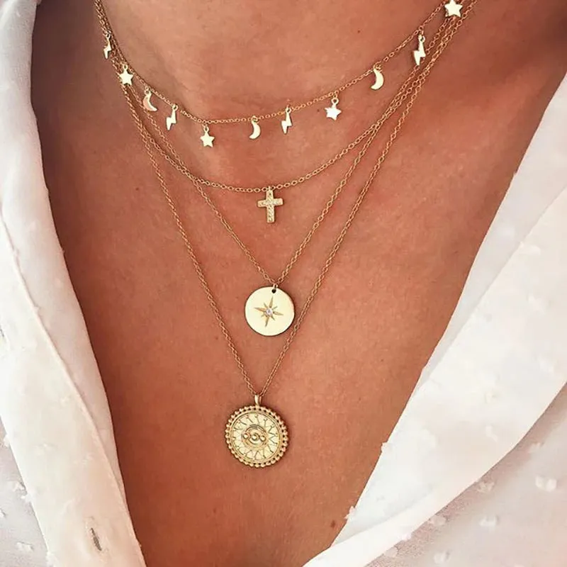 Edgy Thick Chain Layered with Multi-Style Pendant Necklaces