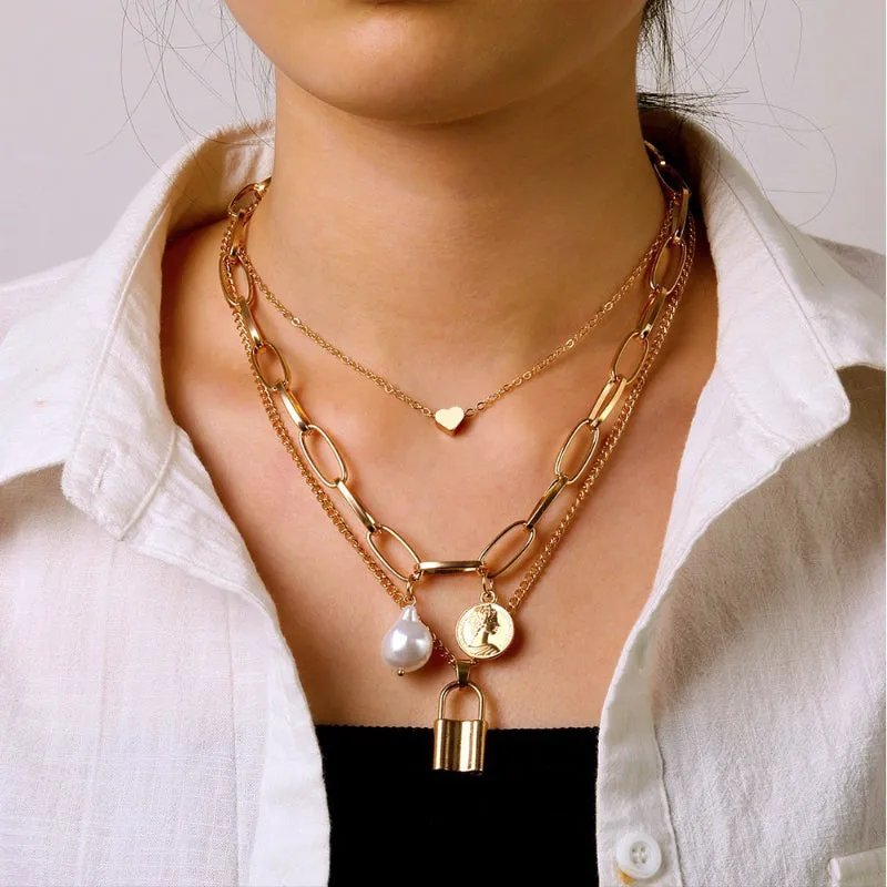 Edgy Thick Chain Layered with Multi-Style Pendant Necklaces