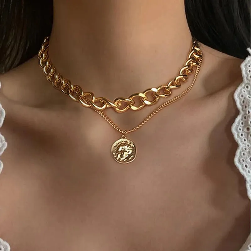 Edgy Thick Chain Layered with Multi-Style Pendant Necklaces
