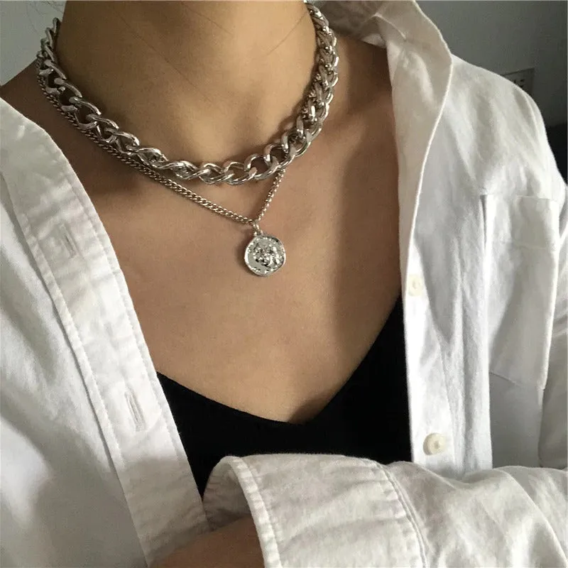 Edgy Thick Chain Layered with Multi-Style Pendant Necklaces