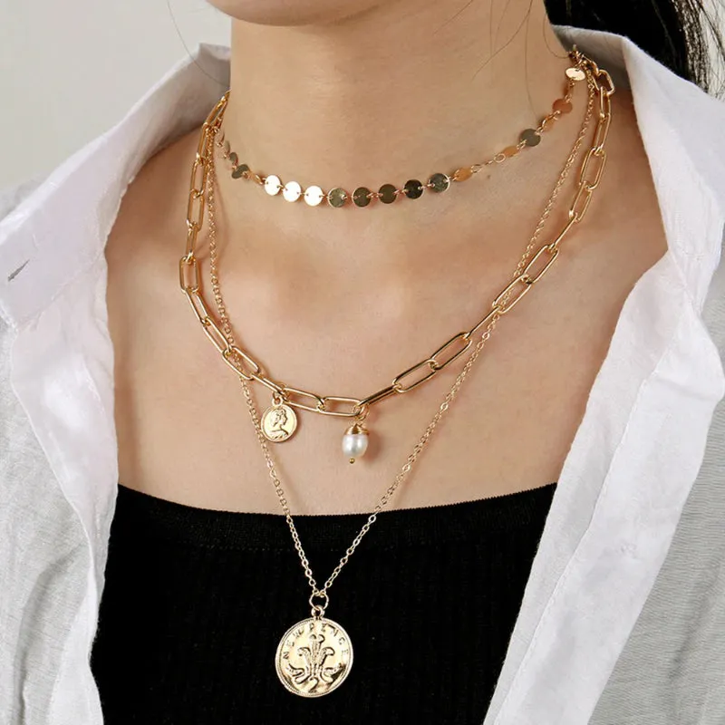 Edgy Thick Chain Layered with Multi-Style Pendant Necklaces