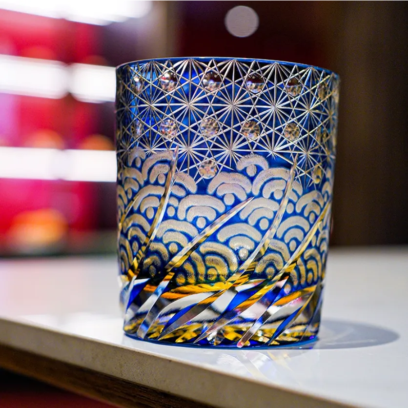 Edo Kiriko Handcrafted Blue Amber Whisky Glass With Wooden Box