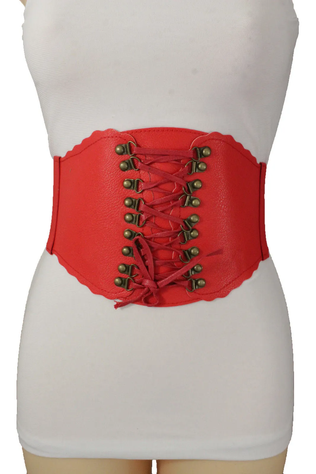 Elastic Faux Leather Wide Corset Belt Slimming Front Tie Gold S M