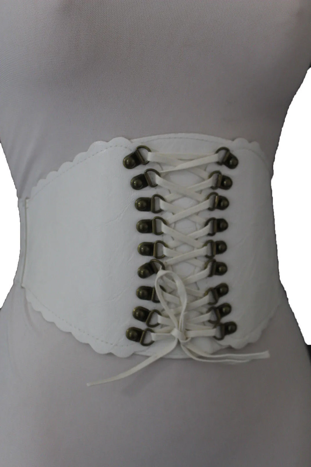 Elastic Faux Leather Wide Corset Belt Slimming Front Tie Gold S M
