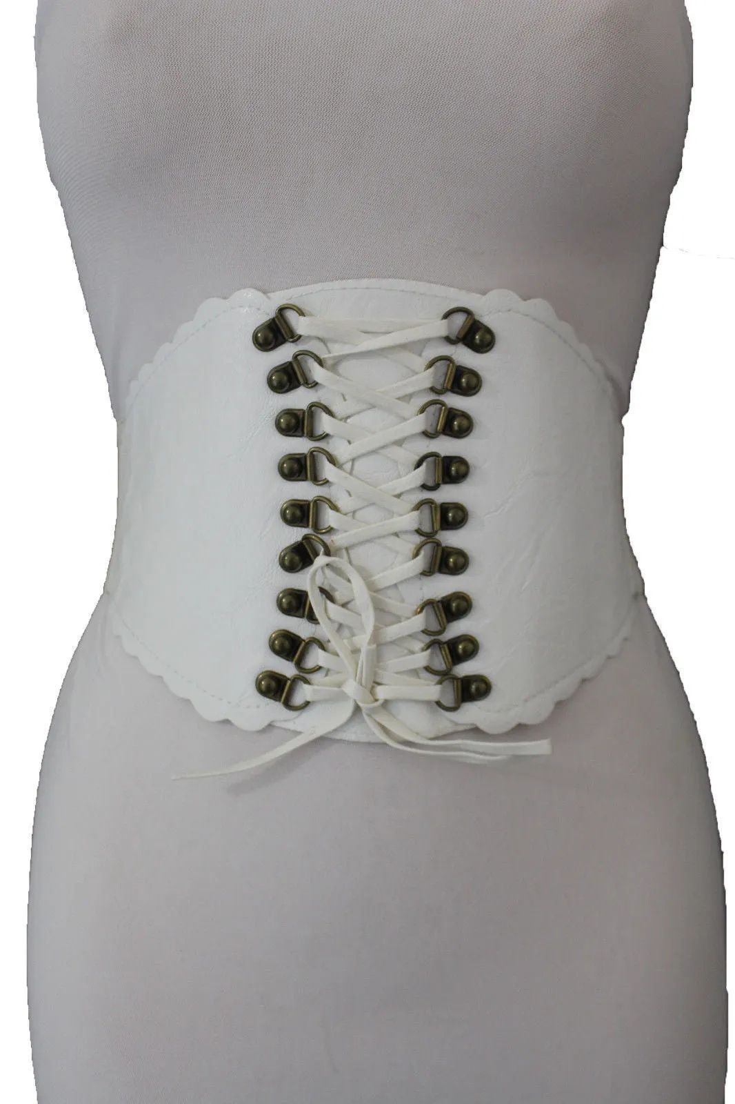 Elastic Faux Leather Wide Corset Belt Slimming Front Tie Gold S M