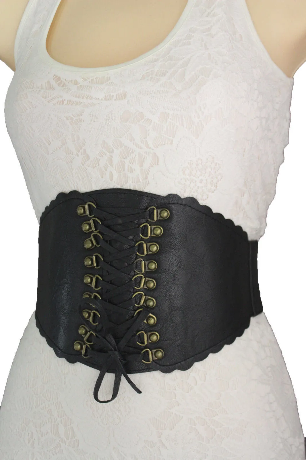 Elastic Faux Leather Wide Corset Belt Slimming Front Tie Gold S M