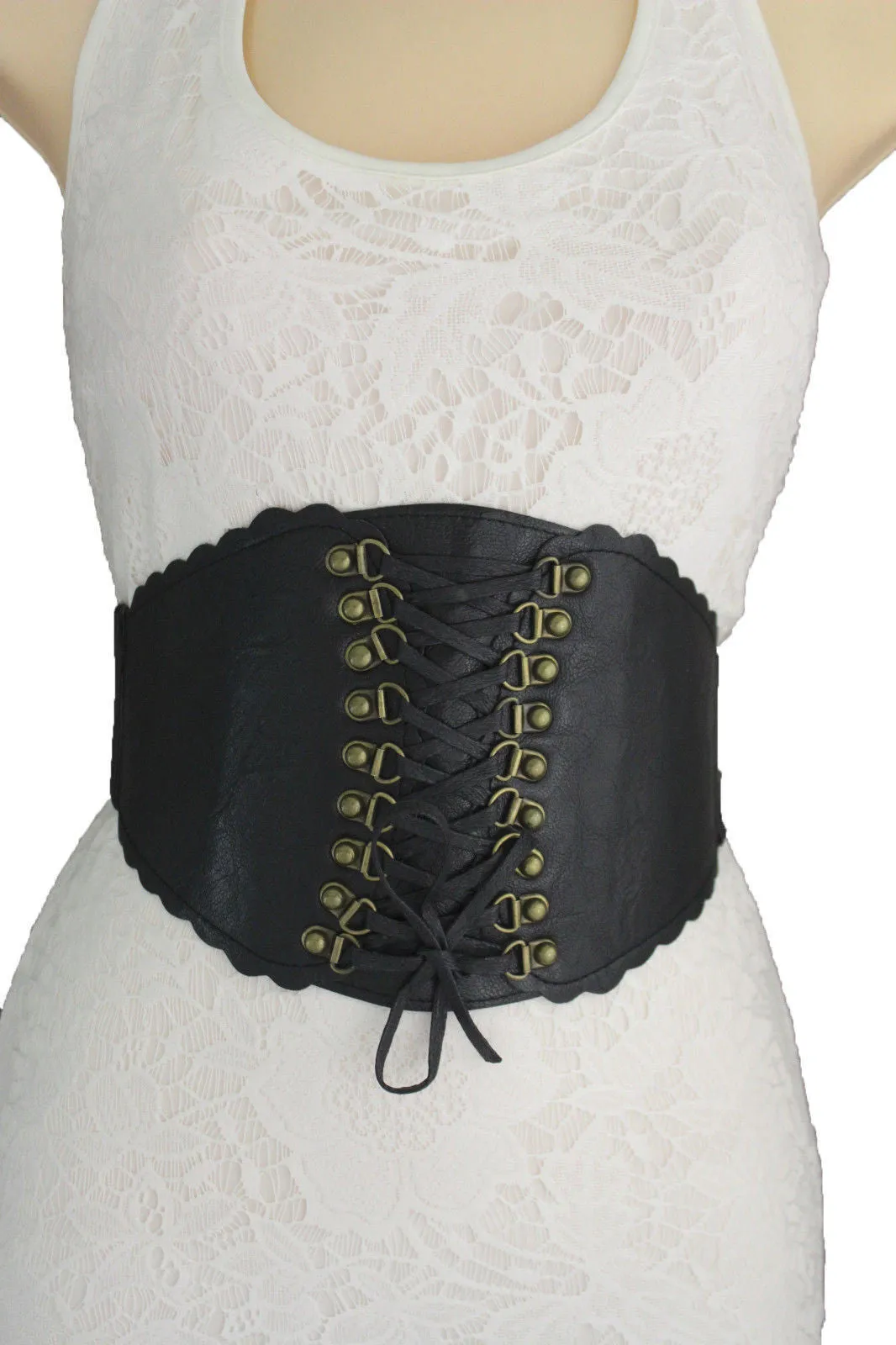 Elastic Faux Leather Wide Corset Belt Slimming Front Tie Gold S M