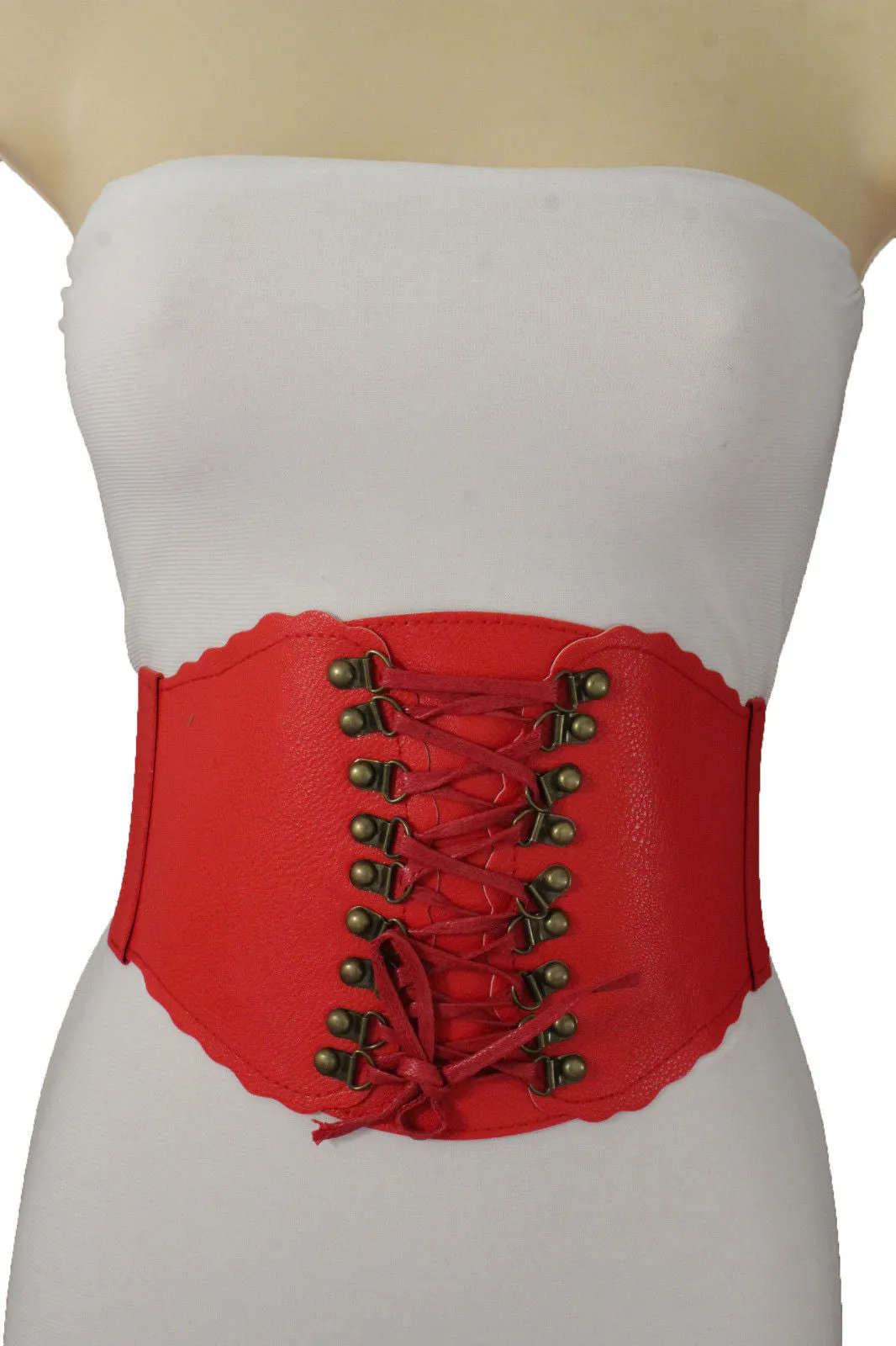 Elastic Faux Leather Wide Corset Belt Slimming Front Tie Gold S M