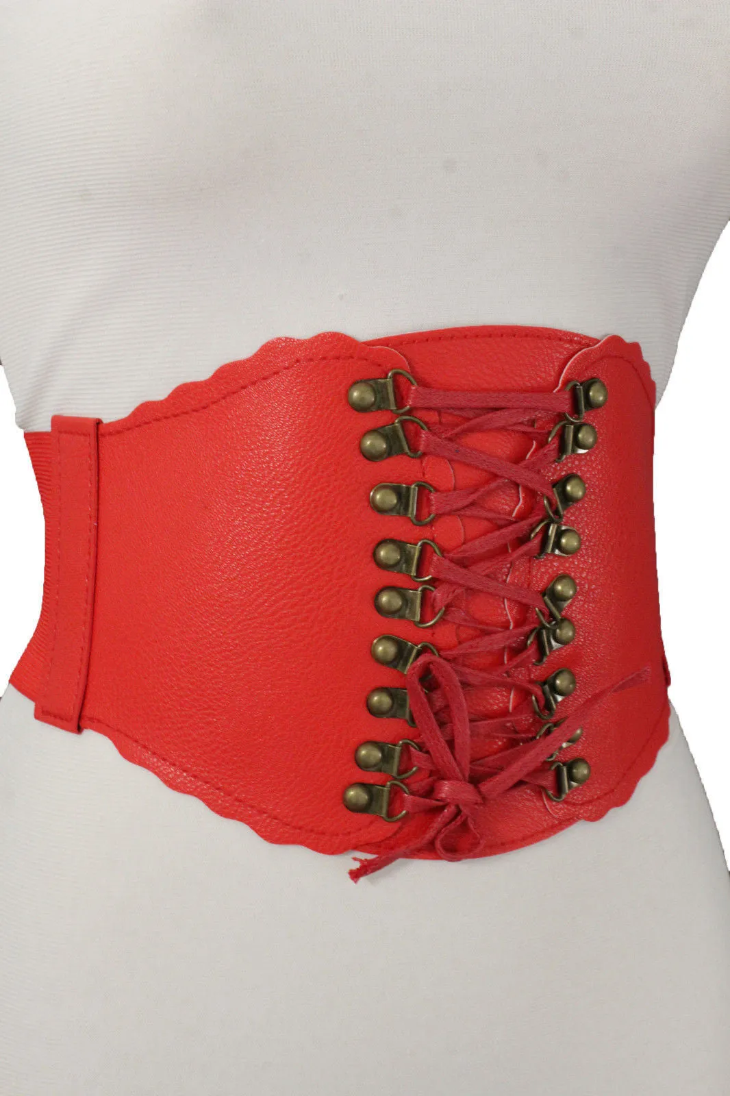Elastic Faux Leather Wide Corset Belt Slimming Front Tie Gold S M