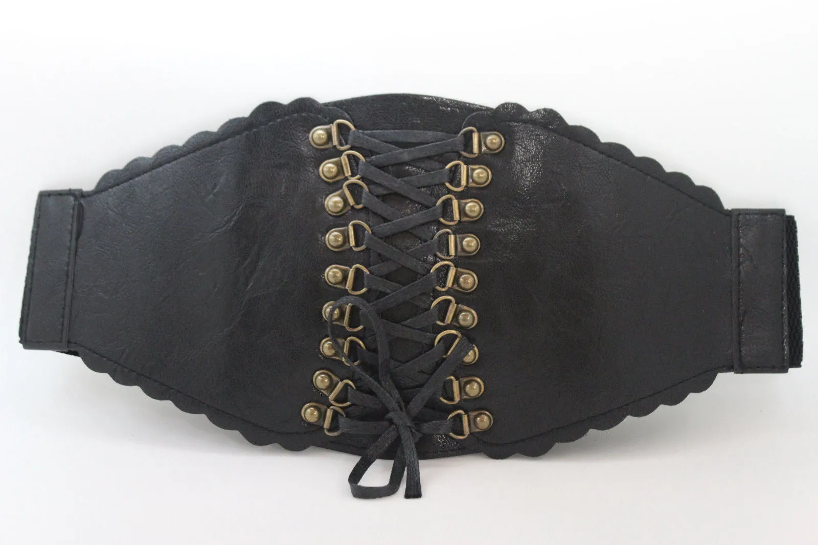Elastic Faux Leather Wide Corset Belt Slimming Front Tie Gold S M