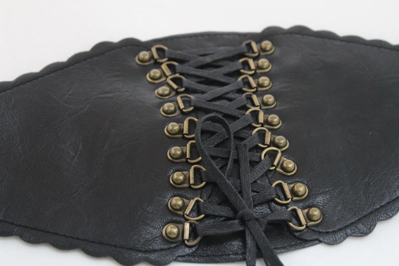Elastic Faux Leather Wide Corset Belt Slimming Front Tie Gold S M
