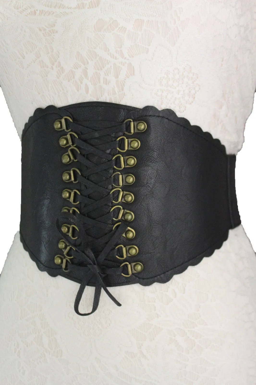 Elastic Faux Leather Wide Corset Belt Slimming Front Tie Gold S M