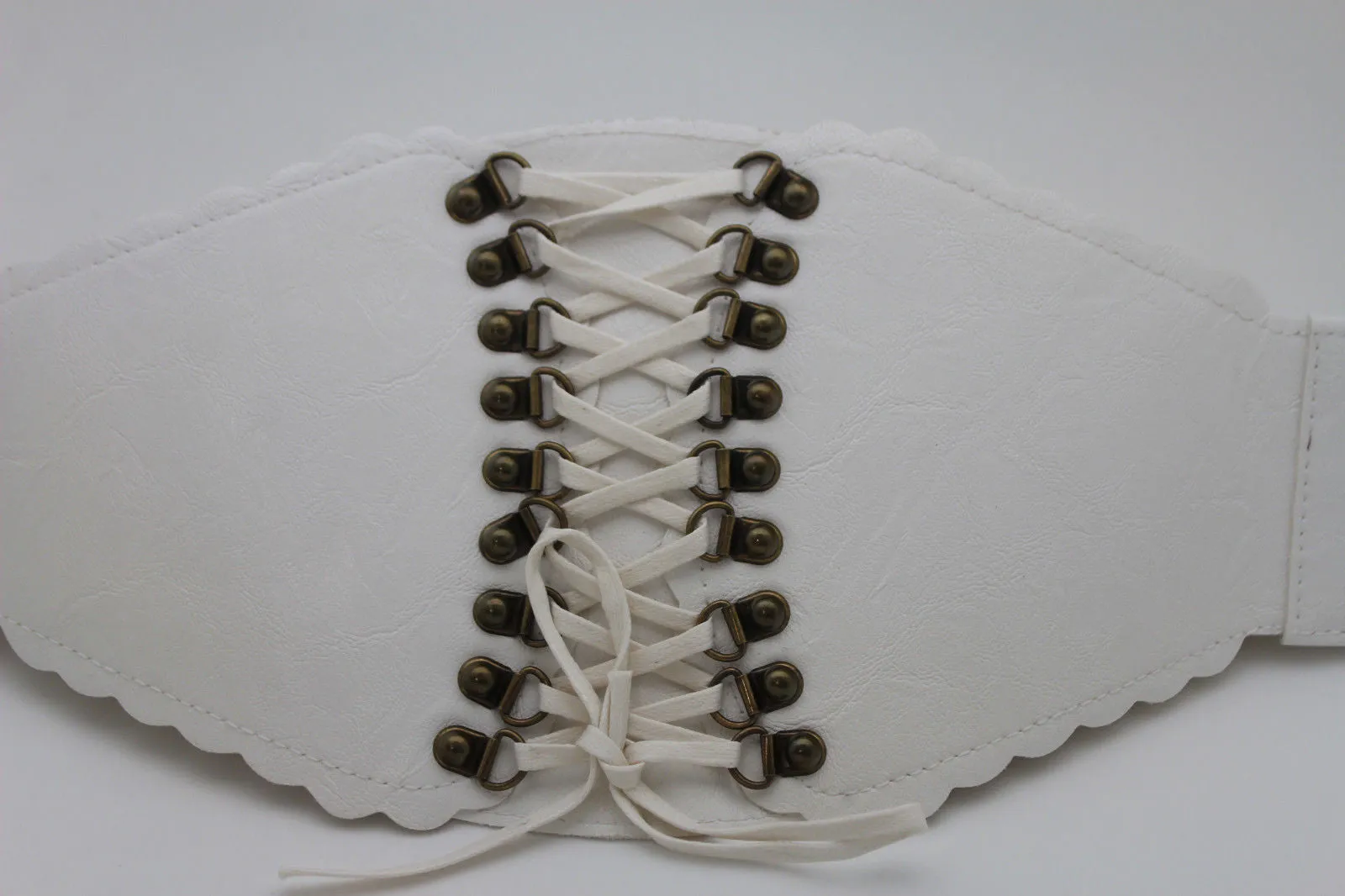 Elastic Faux Leather Wide Corset Belt Slimming Front Tie Gold S M