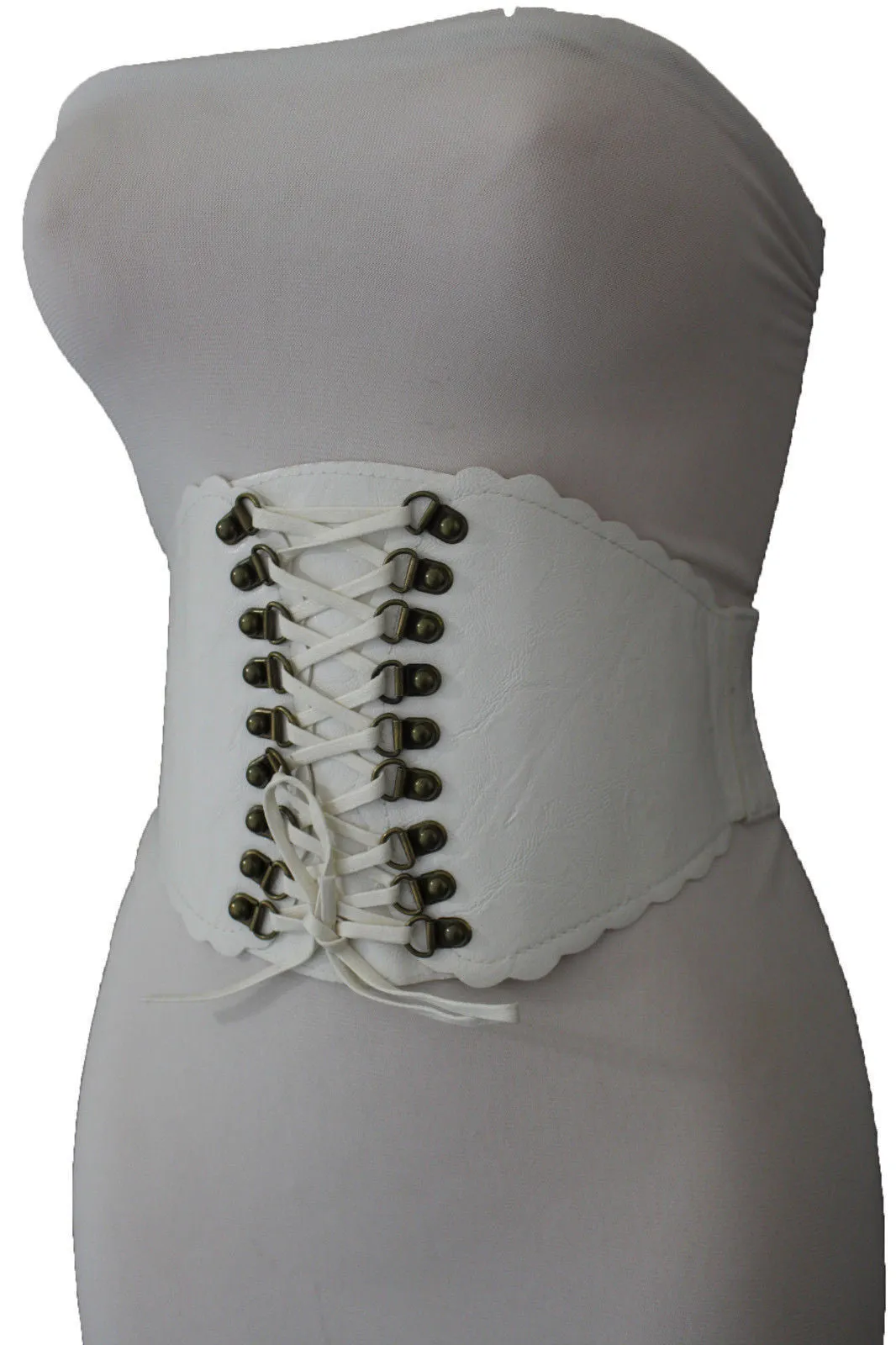 Elastic Faux Leather Wide Corset Belt Slimming Front Tie Gold S M