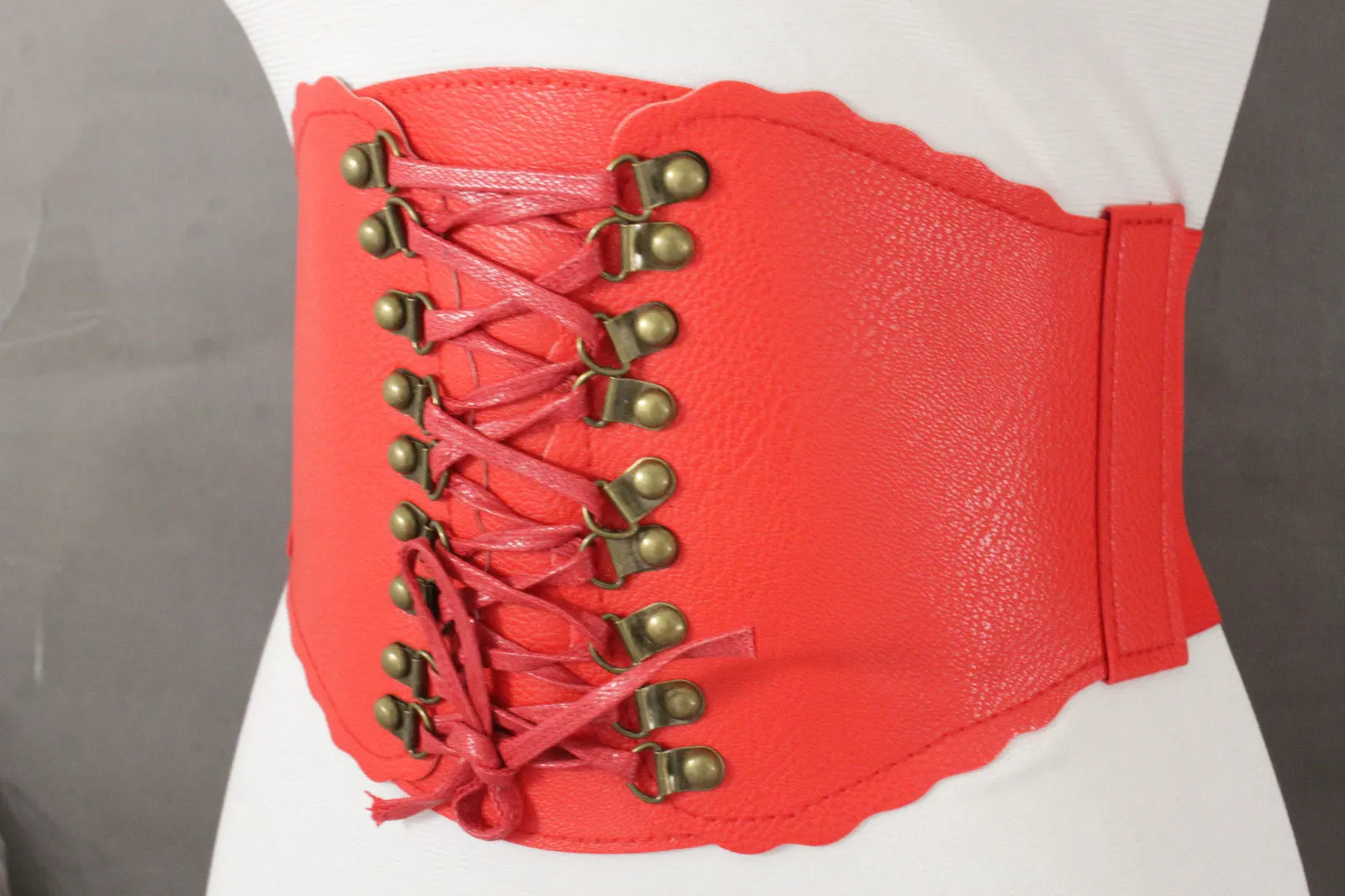 Elastic Faux Leather Wide Corset Belt Slimming Front Tie Gold S M