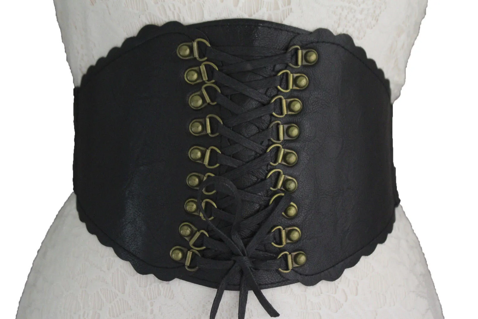 Elastic Faux Leather Wide Corset Belt Slimming Front Tie Gold S M