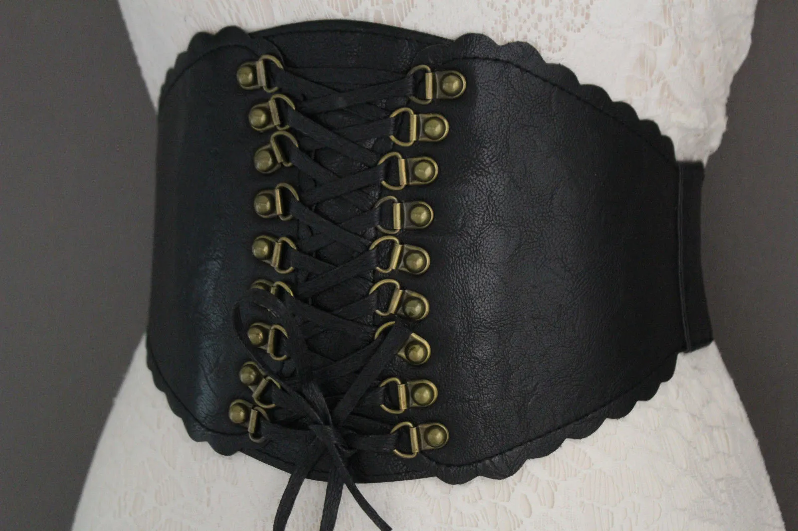 Elastic Faux Leather Wide Corset Belt Slimming Front Tie Gold S M