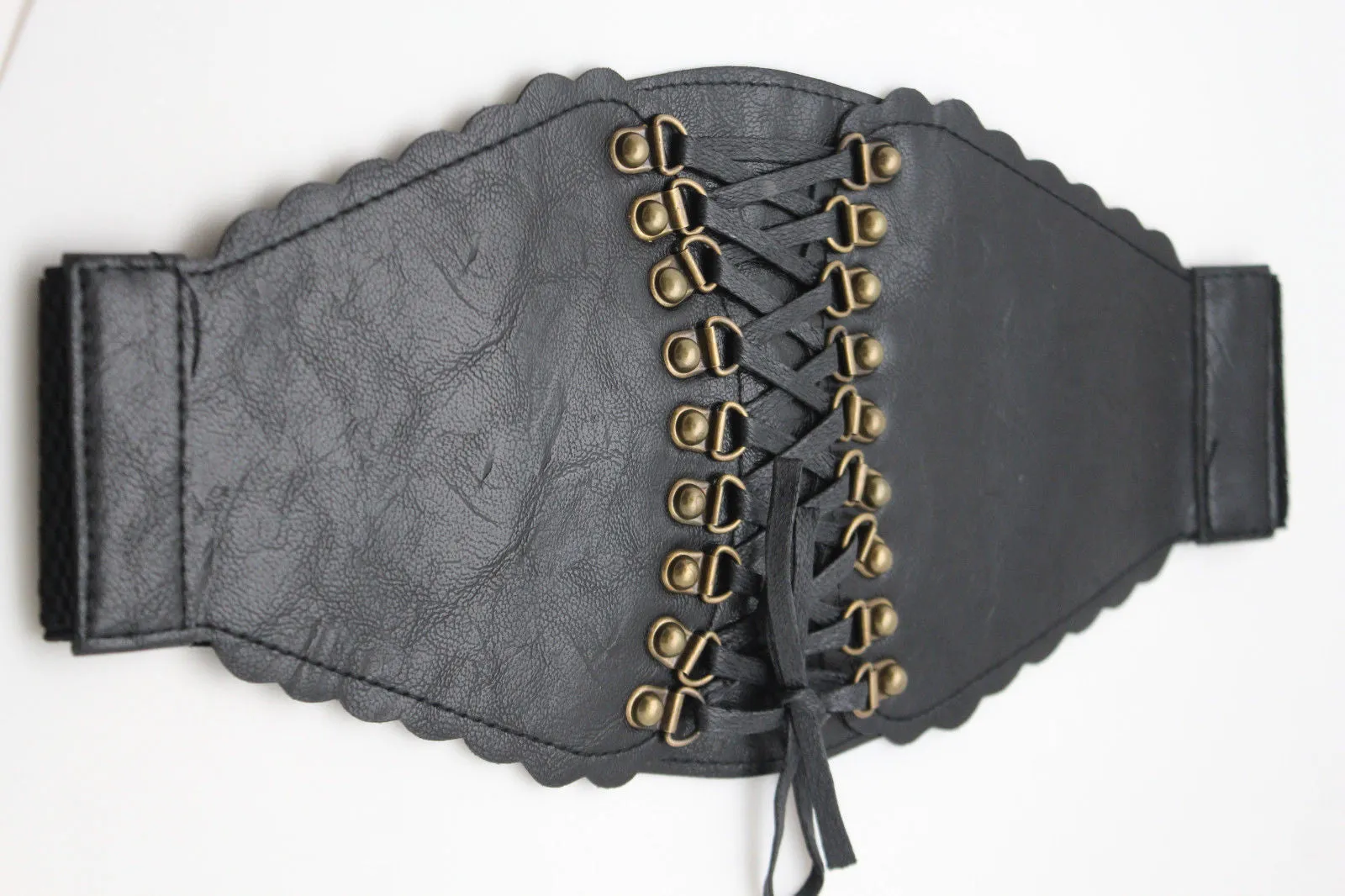Elastic Faux Leather Wide Corset Belt Slimming Front Tie Gold S M