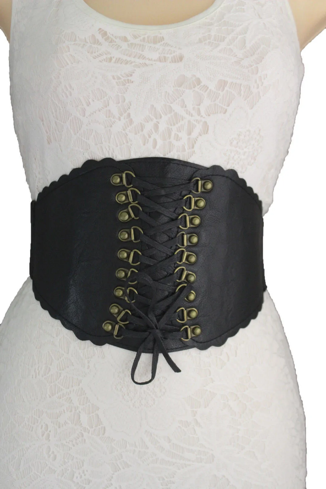 Elastic Faux Leather Wide Corset Belt Slimming Front Tie Gold S M