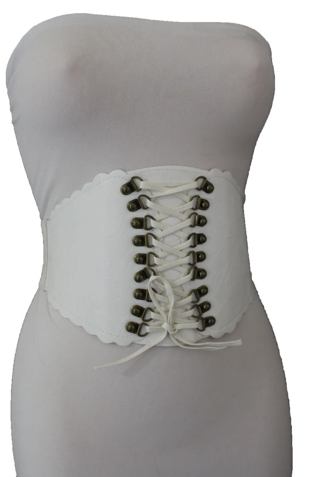 Elastic Faux Leather Wide Corset Belt Slimming Front Tie Gold S M