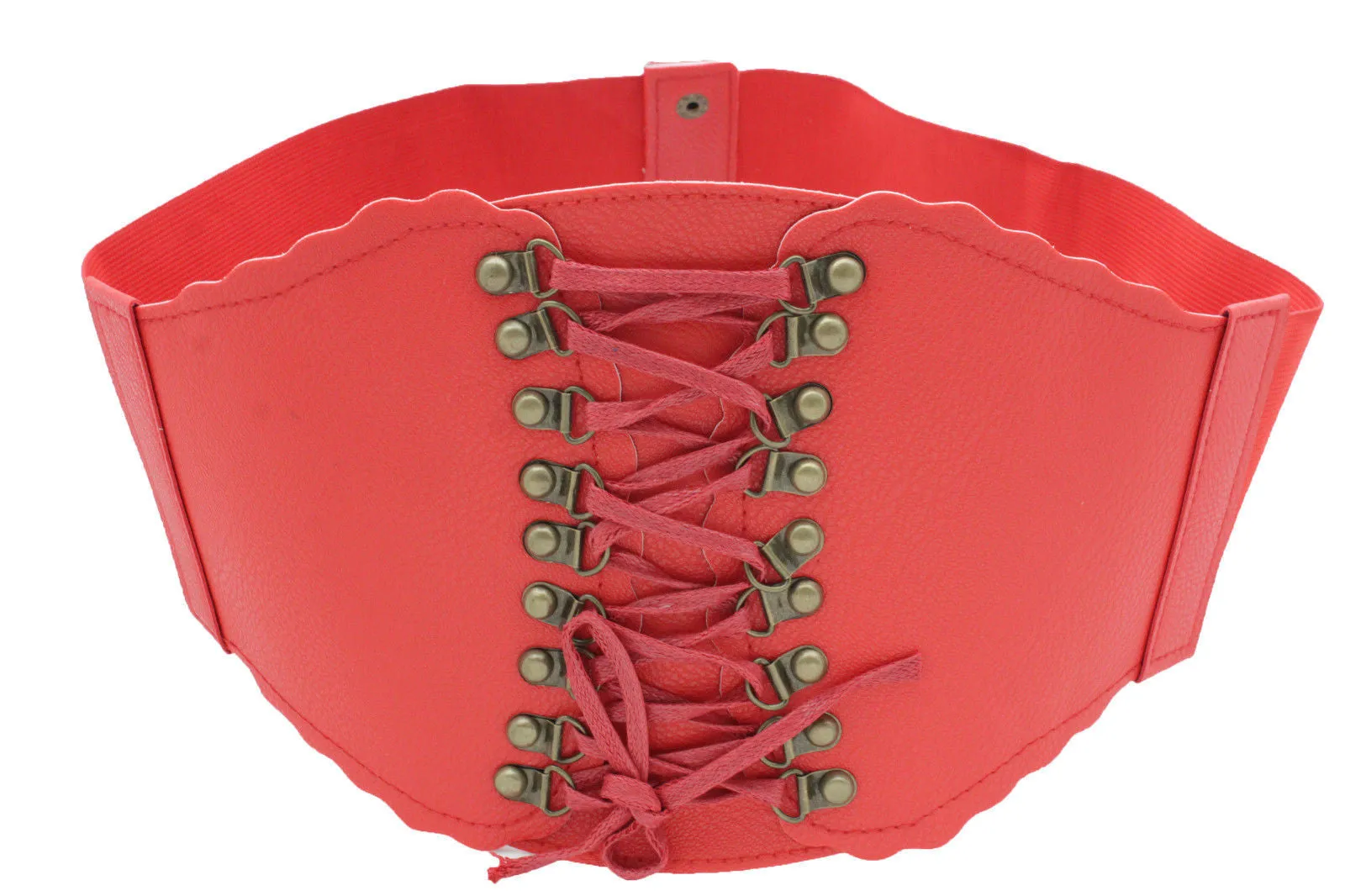Elastic Faux Leather Wide Corset Belt Slimming Front Tie Gold S M