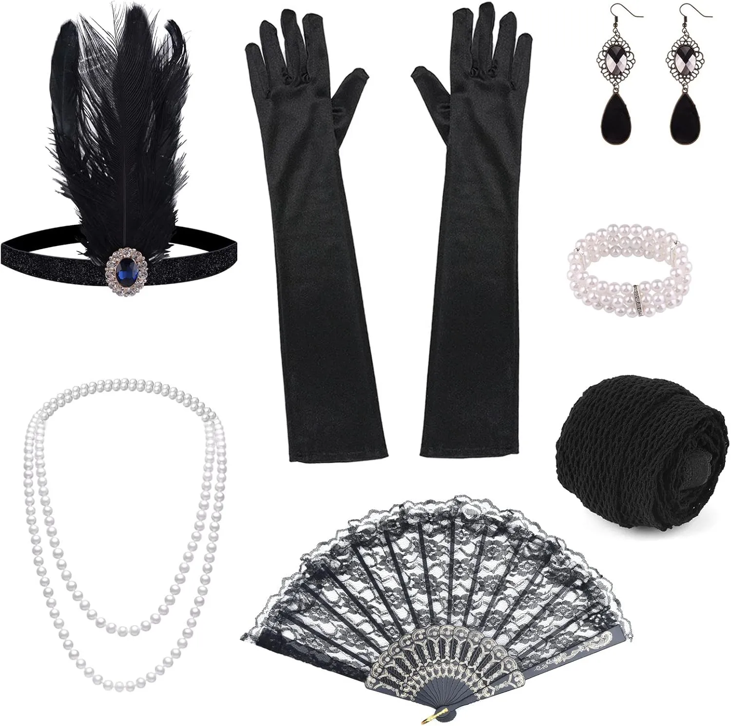 ELECLAND 10 Pieces 1920s Flapper Great Gatsby Accessories Set Fashion Roaring 20's Theme Set with Headband Headpiece Long Black Gloves Necklace Earrings for Women