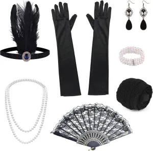 ELECLAND 10 Pieces 1920s Flapper Great Gatsby Accessories Set Fashion Roaring 20's Theme Set with Headband Headpiece Long Black Gloves Necklace Earrings for Women