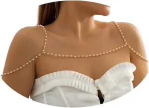Elegant Dainty Pearl Shoulder Body Chain Simple Beaded Bra Body Chain Pearl Long Chain Necklace Wedding Bridal Shoulder Chain Bikini Bead Chest Chain Jewelry for Women