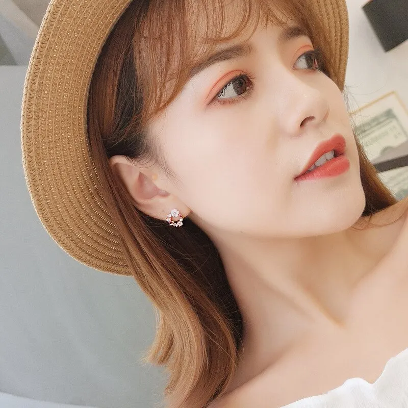 Elegant Korean Rhinestone Flower small Round Circle Clip Earrings
