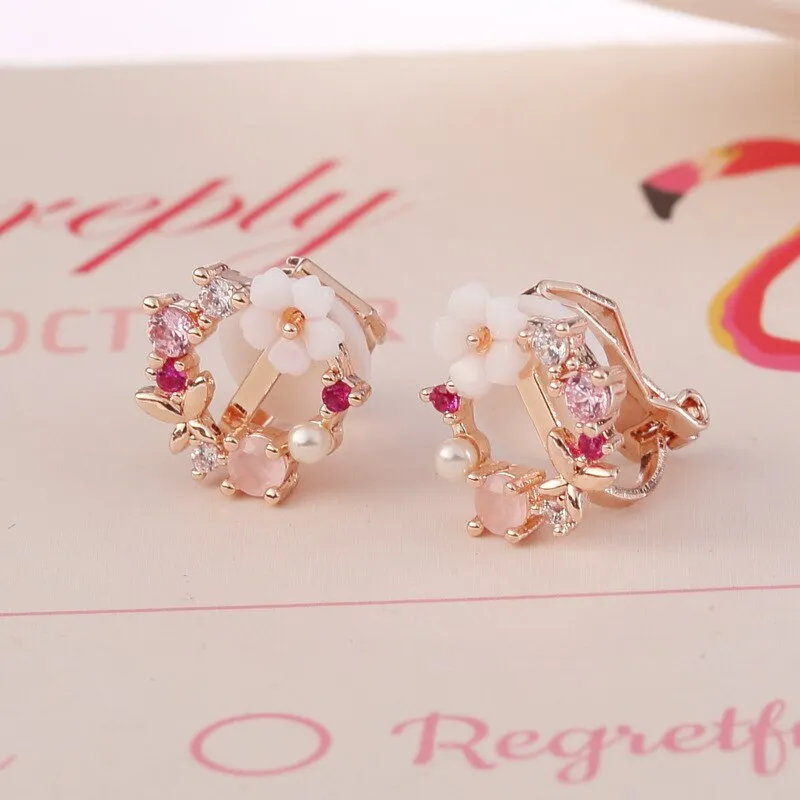Elegant Korean Rhinestone Flower small Round Circle Clip Earrings