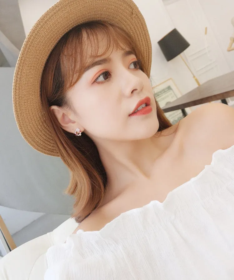 Elegant Korean Rhinestone Flower small Round Circle Clip Earrings