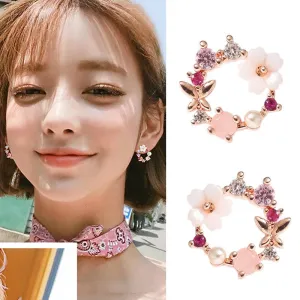 Elegant Korean Rhinestone Flower small Round Circle Clip Earrings