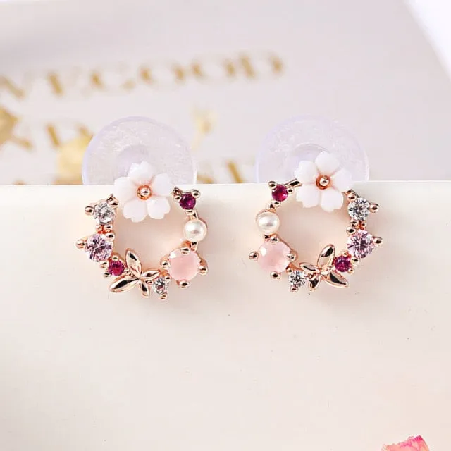 Elegant Korean Rhinestone Flower small Round Circle Clip Earrings